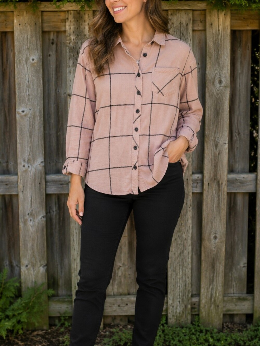 Ladies Mauve Plaid Button-Up Shirt